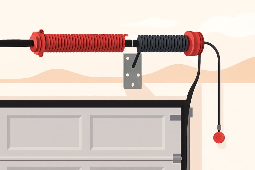Illustration of a torsion spring on its shaft above a closed garage door, for the article Broken garage door spring repair, replacement and installation in Aliante.