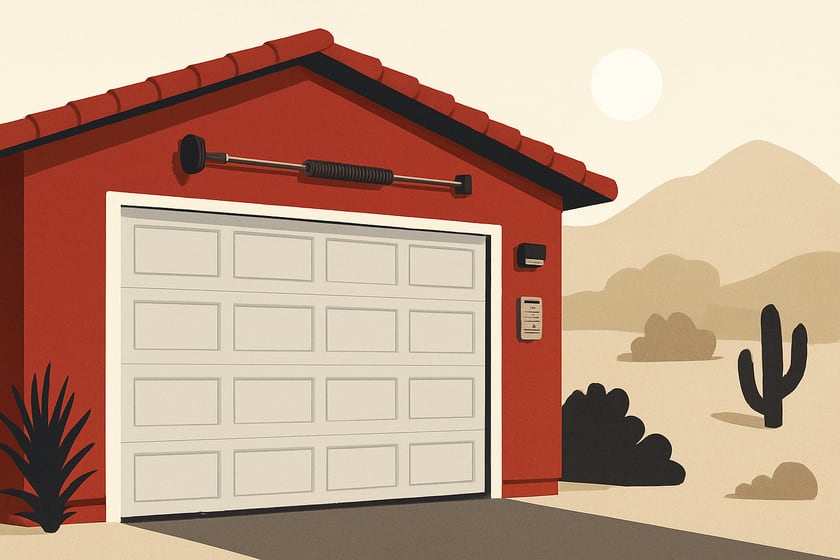 Illustration of a house exterior with a new closed sectional garage door, for the article Amarr garage doors in Las Vegas: springs, repair and replacement.