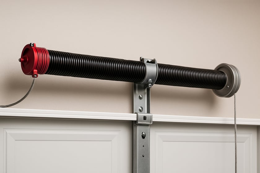Product shot of a torsion spring on its shaft above a closed garage door, for the article Broken garage door spring repair, replacement and installation in Anthem.