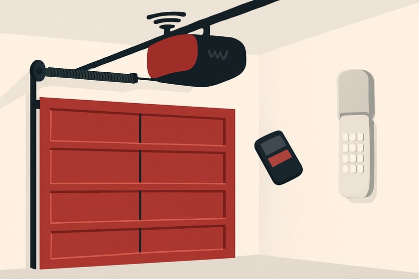 Illustration of a wifi garage door opener with a remote and wireless keypad, for the article The best ways to add smart control to a Las Vegas garage door, ranked by approach.
