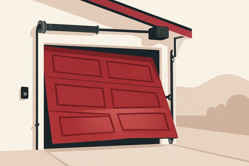 Illustration of a sectional garage door with a roller out of its track, for the article The Best Ways To Fix An Off Track Garage Door In A Las Vegas Home, Ranked.