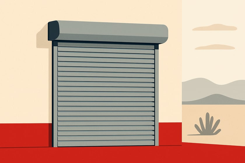 Illustration of a closed sectional garage door and its hardware, for the article The Best Ways To Fix A Sticking Rolling Steel Or Roll Up Door In A Las Vegas Home, Ranked.