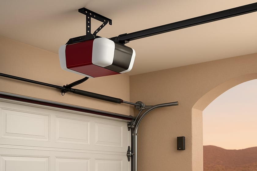 Product shot of a belt drive garage door opener mounted above a closed door, for the article The best ways to upgrade a garage door opener in a Las Vegas home, ranked.