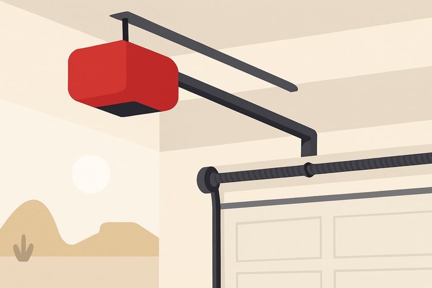 Illustration of a ceiling mounted garage door opener with its rail and trolley, for the article The Biggest Mistakes Homeowners Make With Garage Door Opener Repair.