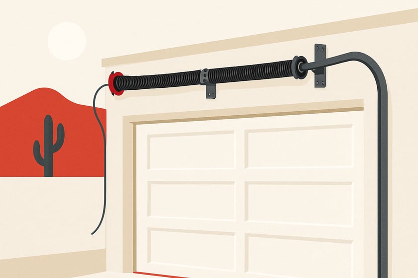 Illustration of a torsion spring on its shaft above a closed garage door, for the article The biggest mistakes homeowners make with garage door spring repair.