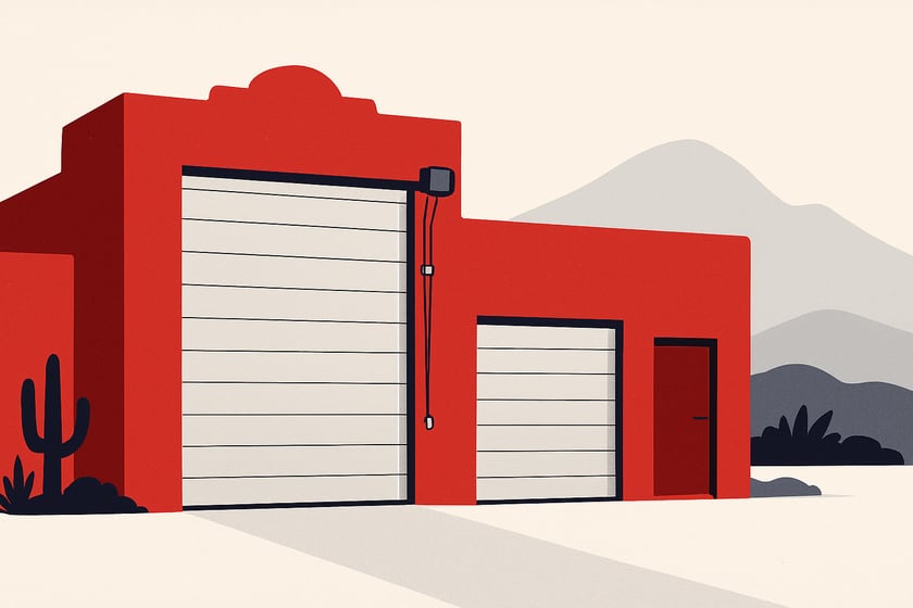 Illustration of a closed sectional garage door and its hardware, for the article The biggest mistakes homeowners make with RV garage doors in Las Vegas.