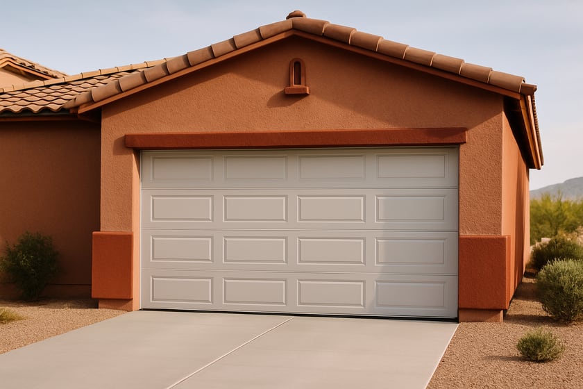 Product shot of a house exterior with a new closed sectional garage door, for the article The Biggest Mistakes Homeowners Make With New Garage Door Installation.