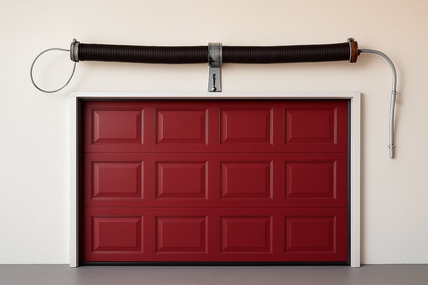 Product shot of a torsion spring on its shaft above a closed garage door, for the article Broken garage door spring repair, replacement and installation in Boulder City.