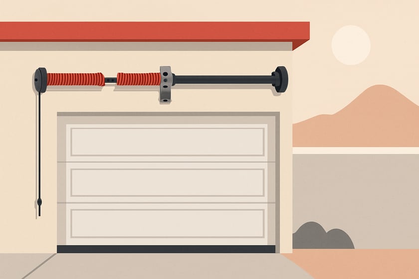 Illustration of a torsion spring on its shaft above a closed garage door, for the article Broken garage door spring repair, replacement and installation in Henderson.