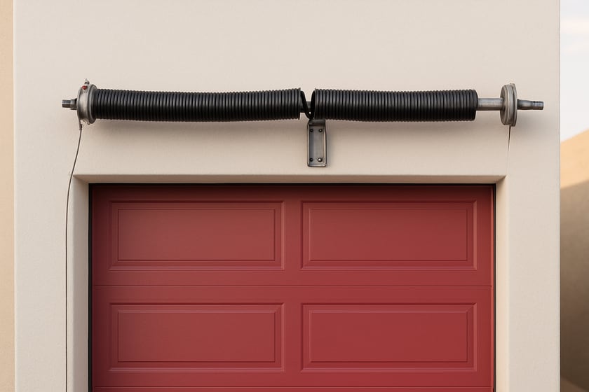 Product shot of a torsion spring on its shaft above a closed garage door, for the article Broken garage door spring repair, replacement and installation in Las Vegas homes.