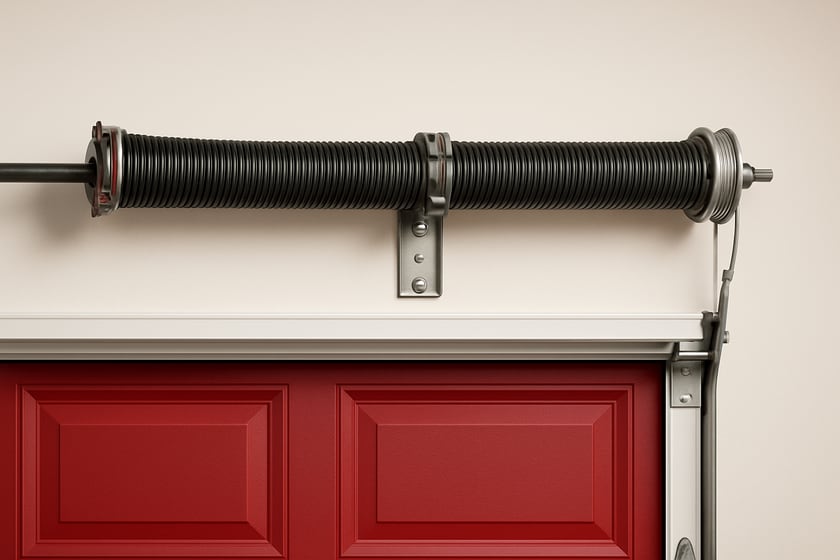Product shot of a torsion spring on its shaft above a closed garage door, for the article Broken garage door spring repair, replacement and installation in Paradise.