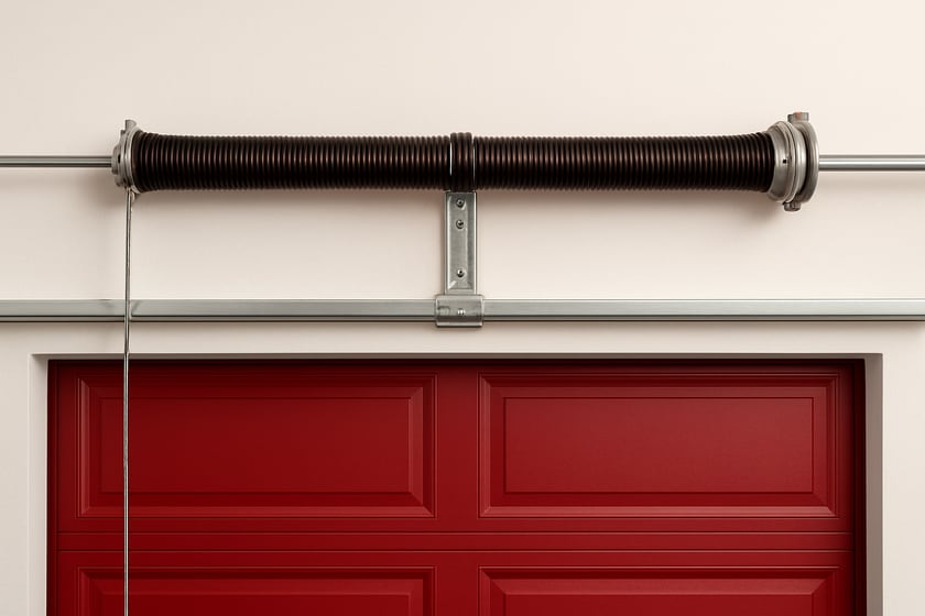Product shot of a torsion spring on its shaft above a closed garage door, for the article Broken garage door spring repair, replacement and installation in Cadence.