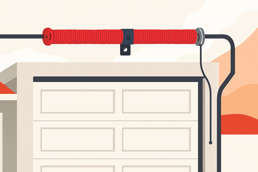 Illustration of a torsion spring on its shaft above a closed garage door, for the article Broken garage door spring repair, replacement and installation in Centennial Hills.