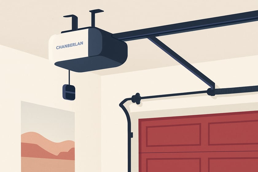 Illustration of a ceiling mounted garage door opener with its rail and trolley, for the article Chamberlain B4505T garage door opener repair and replacement in Las Vegas.