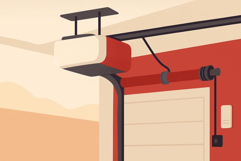 Illustration of a ceiling mounted garage door opener with its rail and trolley, for the article Chamberlain B970 and B970T garage door opener repair and replacement in Las Vegas.