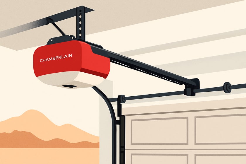 Illustration of a ceiling mounted garage door opener with its rail and trolley, for the article Chamberlain C450 garage door opener repair and replacement in Las Vegas.