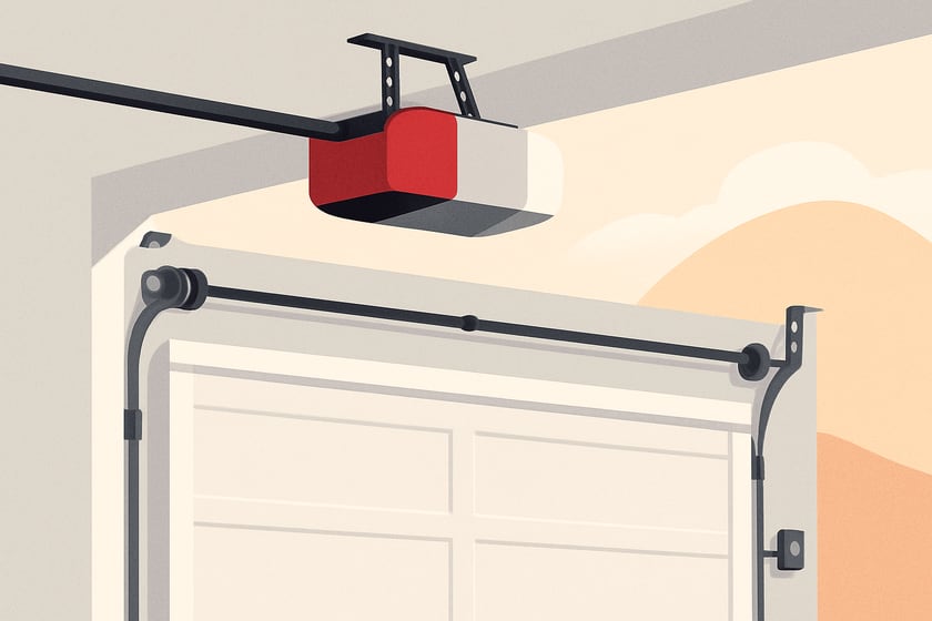 Illustration of a ceiling mounted garage door opener with its rail and trolley, for the article Chamberlain garage door opener repair and replacement in Las Vegas homes.