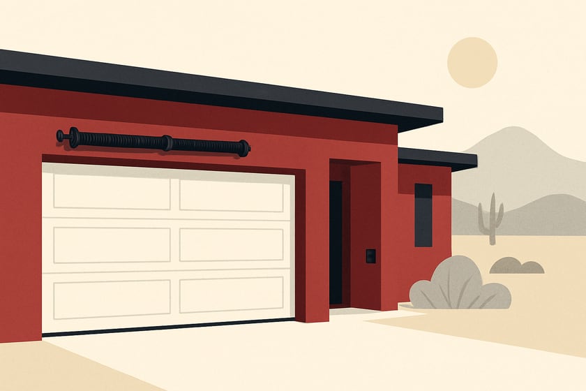 Illustration of a house exterior with a new closed sectional garage door, for the article C.H.I. Overhead Doors garage doors in Las Vegas: springs, repair and replacement.