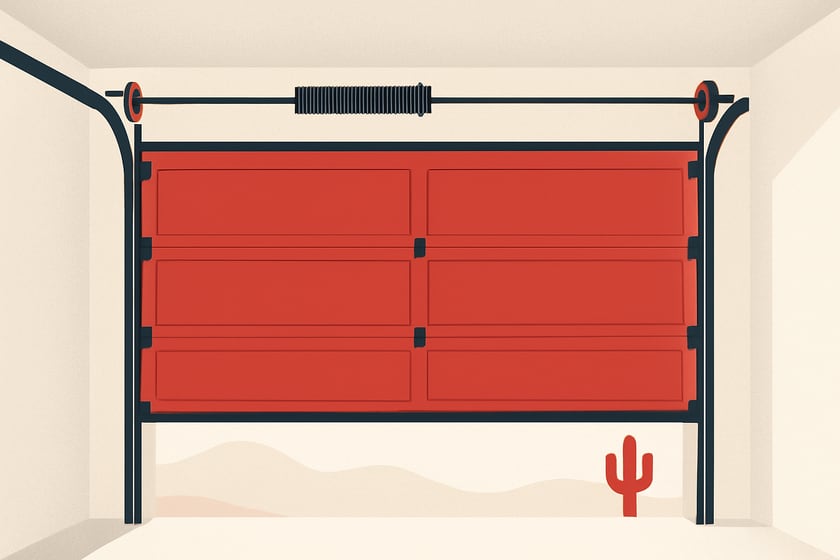 Illustration of a sectional garage door with its spring, cables and rollers, for the article Clark County's 2024 code adoption and garage door wind loads: does a Las Vegas homeowner or landlord need to act?