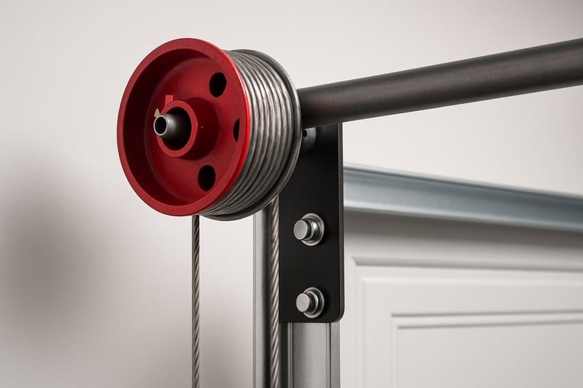 Product shot of a lift cable wound onto its drum beside the torsion shaft, for the article Clark County cooling stations open for September heat: what that extreme heat does to garage door cables and what to book.