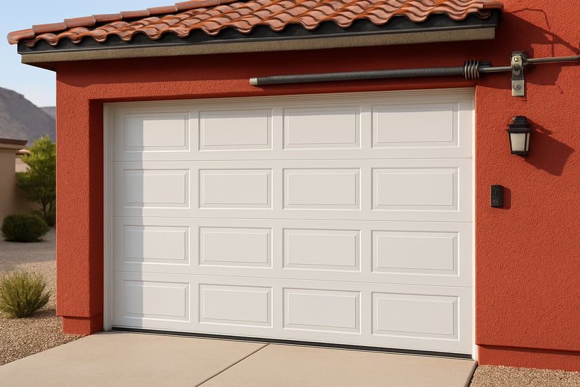 Product shot of a house exterior with a new closed sectional garage door, for the article Clopay garage doors in Las Vegas: springs, repair and replacement.