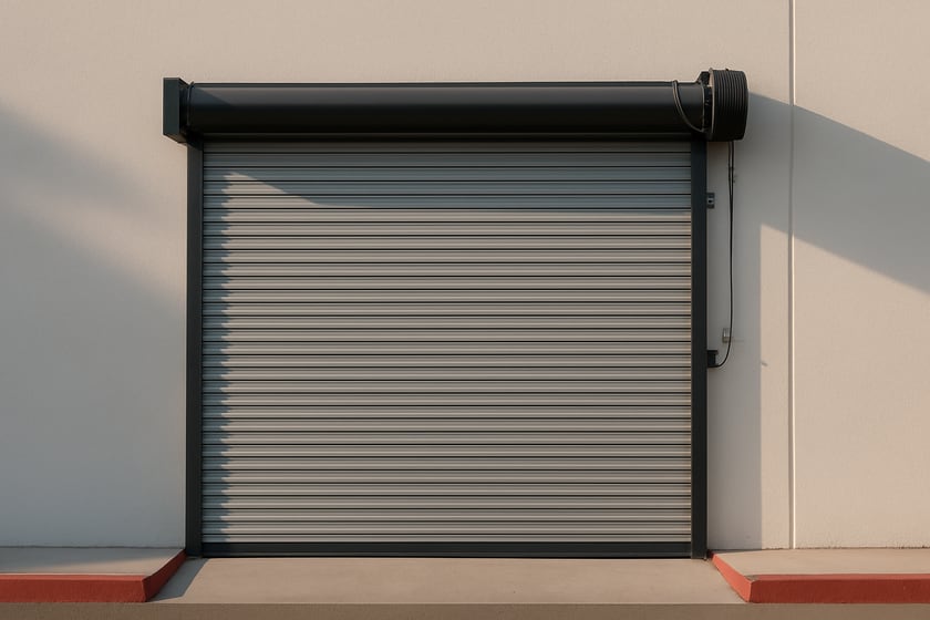 Product shot of a closed commercial steel roll up door against a plain wall, for the article How Long Does Commercial Garage Door Repair Take From The Call To A Working Door.