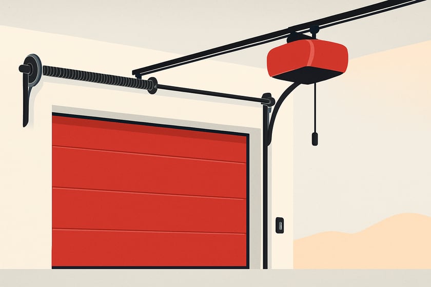Illustration of a belt drive garage door opener mounted above a closed door, for the article Commercial garage doors for Las Vegas warehouses and loading bays.