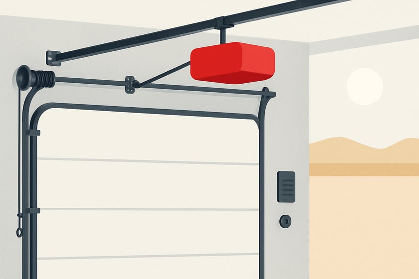 Illustration of a ceiling mounted garage door opener with its rail and trolley, for the article Commercial garage doors for Las Vegas self‑storage: keeping openers reliable in desert heat.