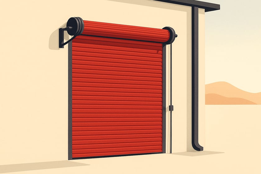 Illustration of a closed commercial steel roll up door against a plain wall, for the article Commercial Garage Doors for Las Vegas Warehouses That Run All Day.