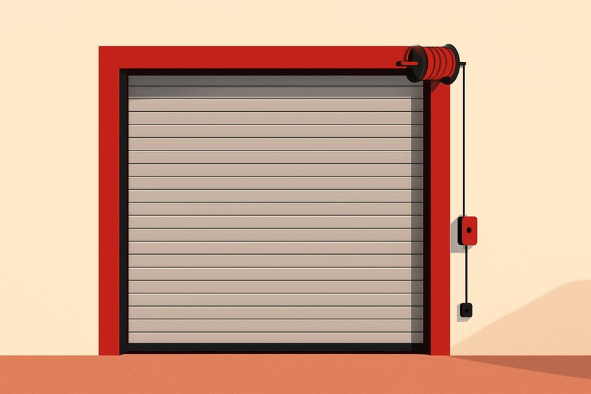 Illustration of a closed commercial steel roll up door against a plain wall, for the article How Long Does Commercial Garage Door Repair Take From The Call To A Working Door.