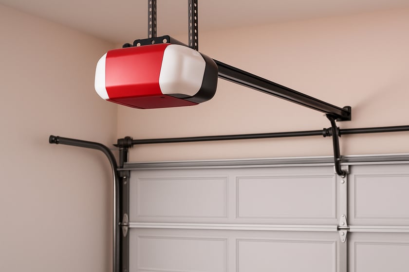 Product shot of a belt drive garage door opener mounted above a closed door, for the article How to compare written prices for garage door opener installation and spot a bad one.
