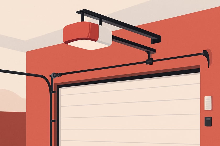 Illustration of a belt drive garage door opener mounted above a closed door, for the article How to compare written prices for garage door opener installation and spot a bad one.