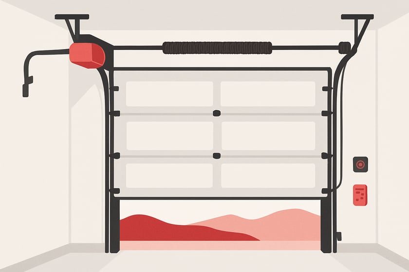 Illustration of a sectional garage door with its spring, cables and rollers, for the article How to compare written prices for garage door repair and spot a bad one.