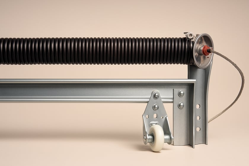 Product shot of garage door rollers, hinges and a spring along the track, for the article How to compare written prices for a garage door tune up and spot a bad one.