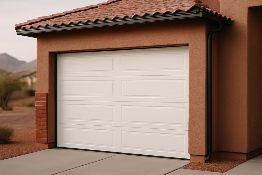 Product shot of a house exterior with a new closed sectional garage door, for the article How to compare written prices for new garage door installation and spot a bad one.