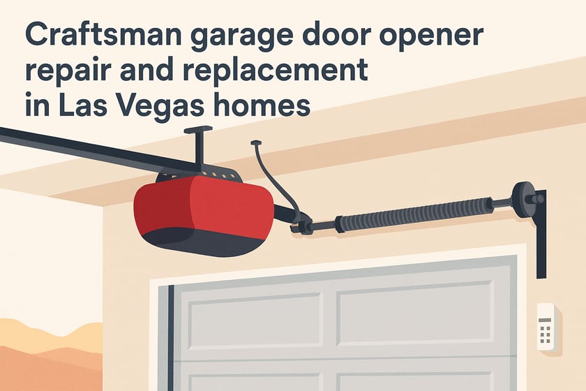 Illustration of a ceiling mounted garage door opener with its rail and trolley, for the article Craftsman garage door opener repair and replacement in Las Vegas homes.