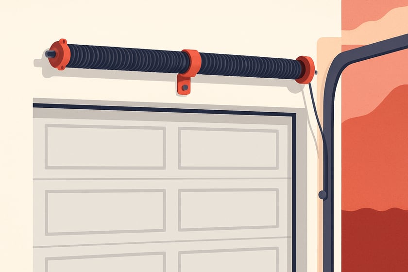 Illustration of a torsion spring on its shaft above a closed garage door, for the article Broken garage door spring repair, replacement and installation in Craig Ranch.