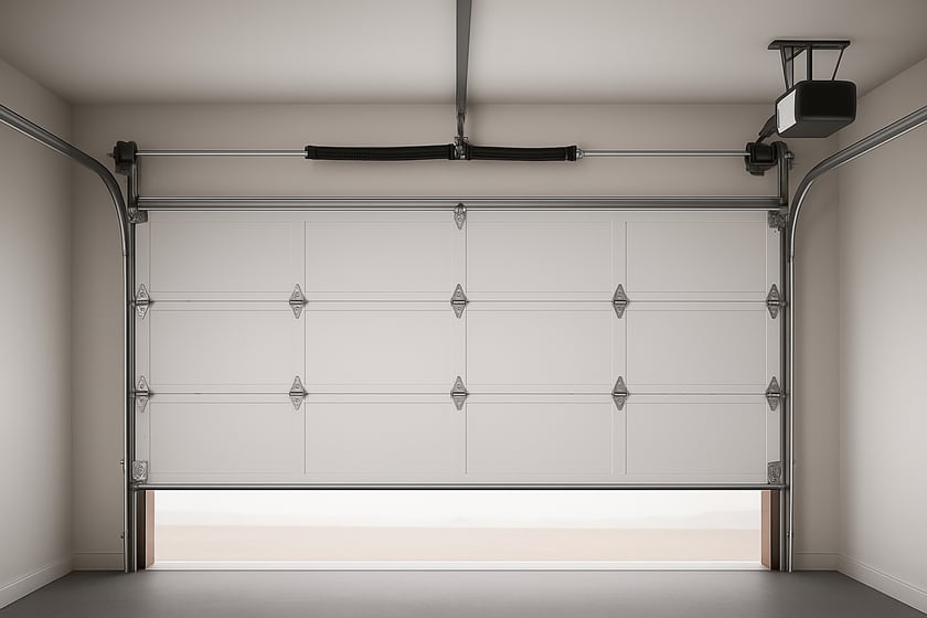 Product shot of a sectional garage door with its spring, cables and rollers, for the article DASMA TDS 152 On Garage Doors And High Wind Events: Does A Las Vegas Homeowner Or Landlord Need To Act?