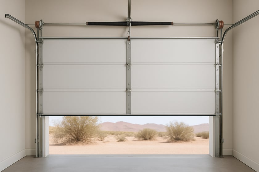 Product shot of a sectional garage door with its spring, cables and rollers, for the article DASMA TDS 155 Guides For 2024 Codes: Does A Las Vegas Homeowner Need To Act.