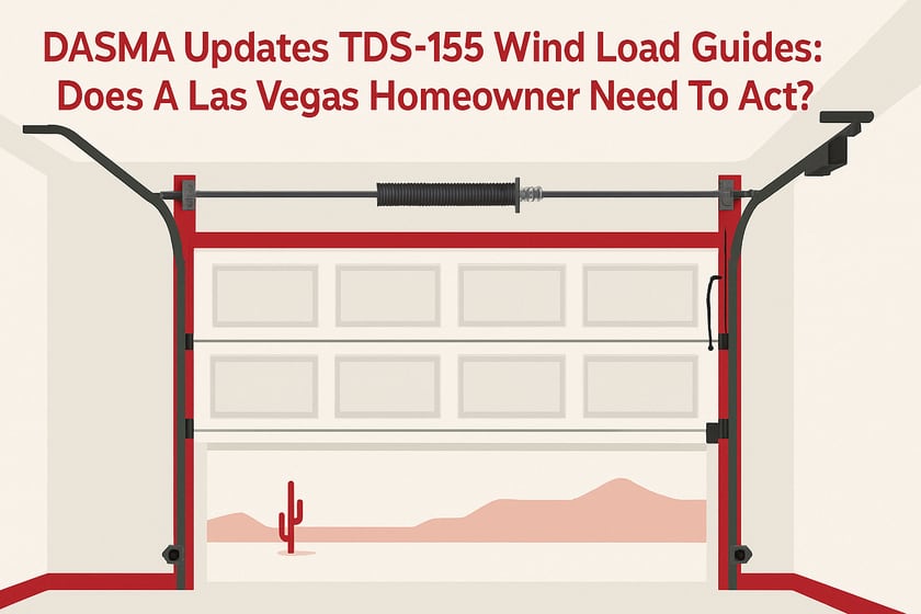 Illustration of a sectional garage door with its spring, cables and rollers, for the article DASMA Updates TDS-155 Wind Load Guides: Does A Las Vegas Homeowner Need To Act?