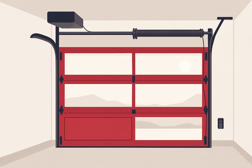 Illustration of a sectional garage door with its spring, cables and rollers, for the article DASMA TDS 155y Wind-Load Guide Update: Does a Las Vegas Homeowner Need To Act?