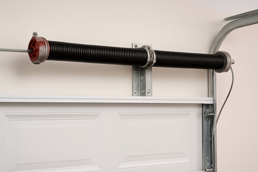 Product shot of a torsion spring on its shaft above a closed garage door, for the article Broken garage door spring repair, replacement and installation in Desert Shores.