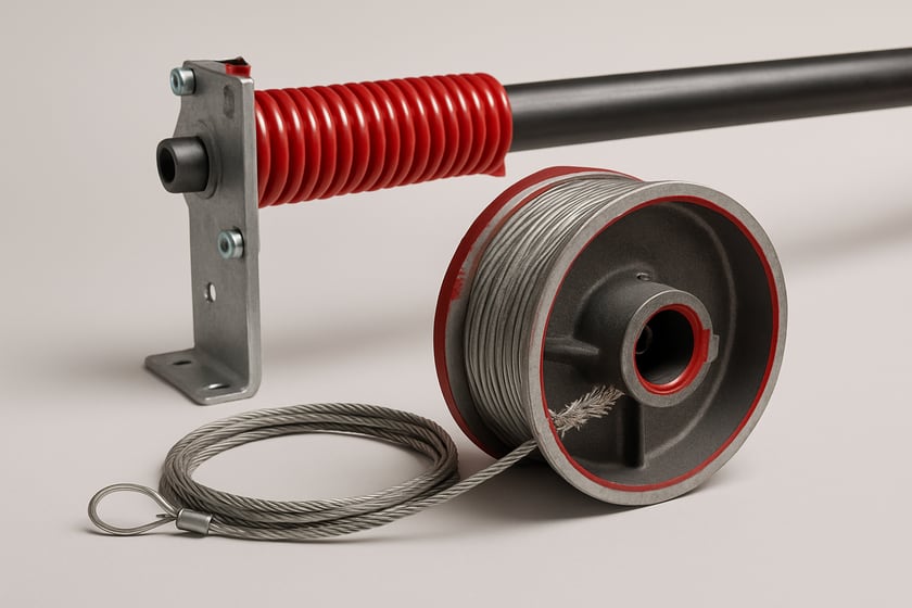 Product shot of a lift cable wound onto its drum beside the torsion shaft, for the article Doing garage door cable repair yourself vs hiring a licensed company: what changes and where the line is.
