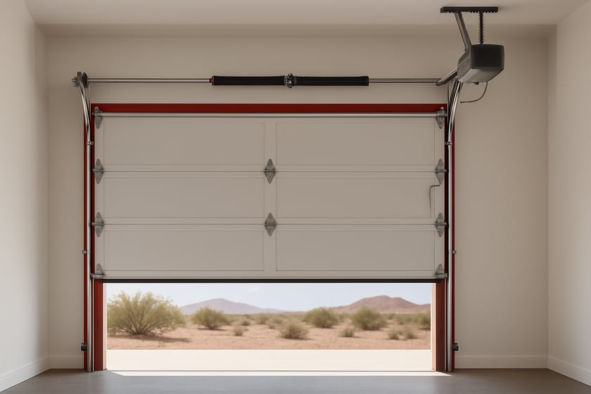 Product shot of a sectional garage door with its spring, cables and rollers, for the article Doing garage door repairs yourself vs hiring a licensed company: what changes and where the line is.