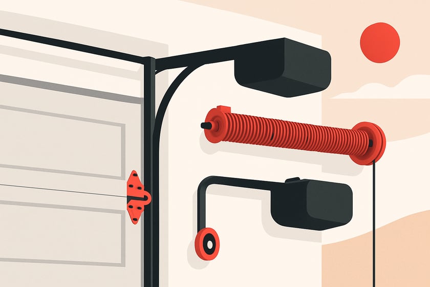 Illustration of garage door rollers, hinges and a spring along the track, for the article Doing a garage door tune up yourself vs hiring a licensed garage door company: what changes and where the line is.