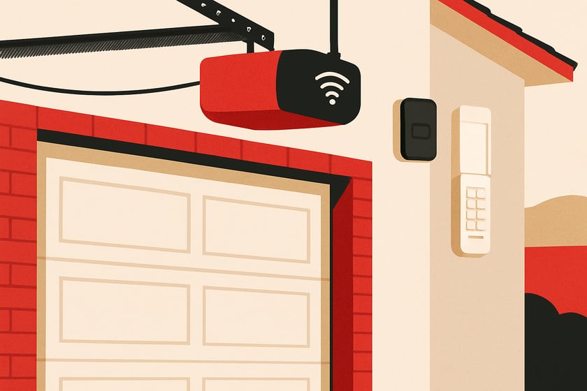 Illustration of a wifi garage door opener with a remote and wireless keypad, for the article Doing smart garage door opener installation yourself vs hiring a licensed garage door company: what changes and where the line.