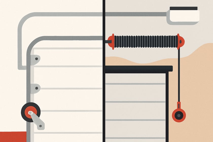 Illustration of garage door rollers, hinges and a spring along the track, for the article Doing a garage door tune up yourself vs hiring a licensed company: what changes and where the line is.