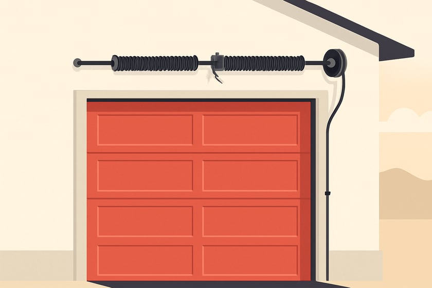 Illustration of a torsion spring on its shaft above a closed garage door, for the article Broken garage door spring repair, replacement and installation in Downtown Las Vegas.