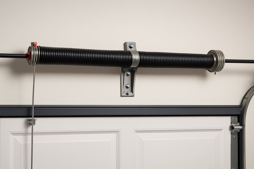 Product shot of a torsion spring on its shaft above a closed garage door, for the article Broken garage door spring repair, replacement and installation in East Las Vegas.