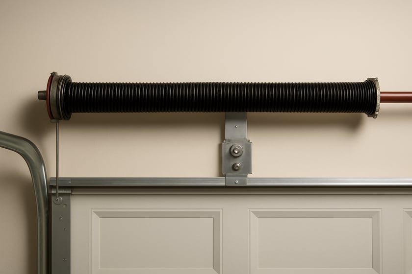 Product shot of a torsion spring on its shaft above a closed garage door, for the article Broken garage door spring repair, replacement and installation in Eldorado.